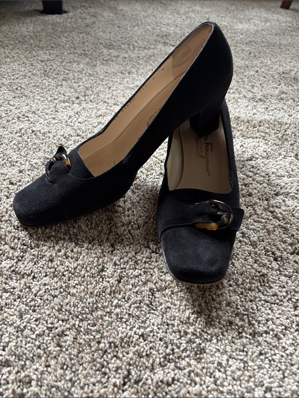 Salvatore Ferragamo Black Suede Block Heel Pumps with Tortoiseshell Accent